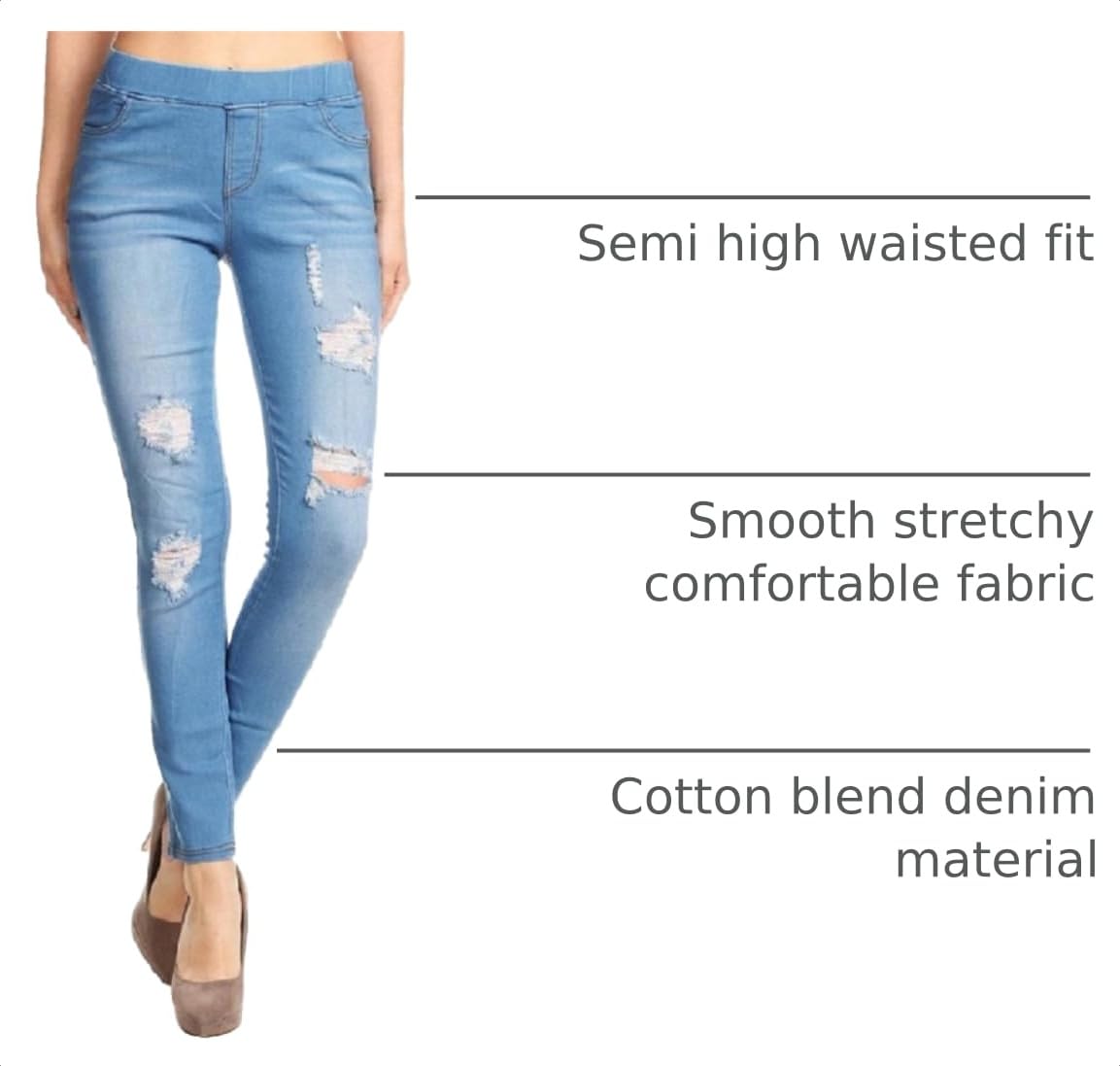 Jvini Women’s Stretch Denim Pull On Jeans with Pockets – Ripped Distressed Elastic Waist Jeggings Skinny Denim Pants