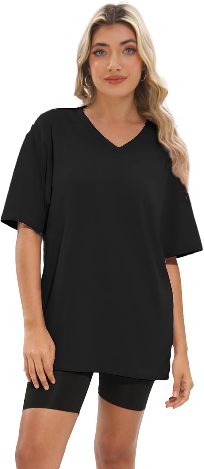 Kinglaman 4 Pack Oversized TShirts for Women Drop Shoulders Dry Fit Tops | Baggy quick dry crew neck tops, trendy oversized plus size gym & lounge tees