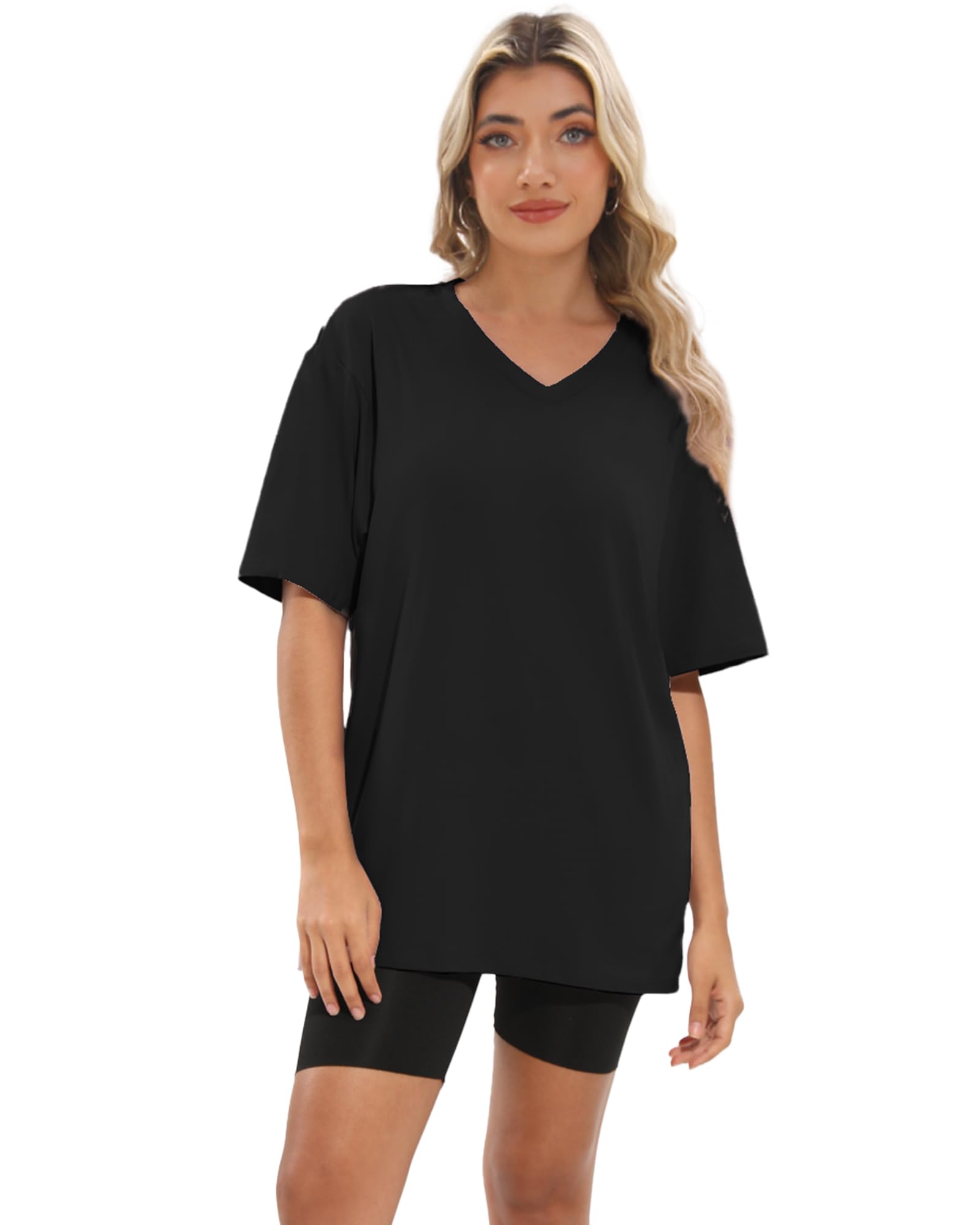 Kinglaman 4 Pack Oversized TShirts for Women Drop Shoulders Dry Fit Tops | Baggy quick dry crew neck tops, trendy oversized plus size gym & lounge tees