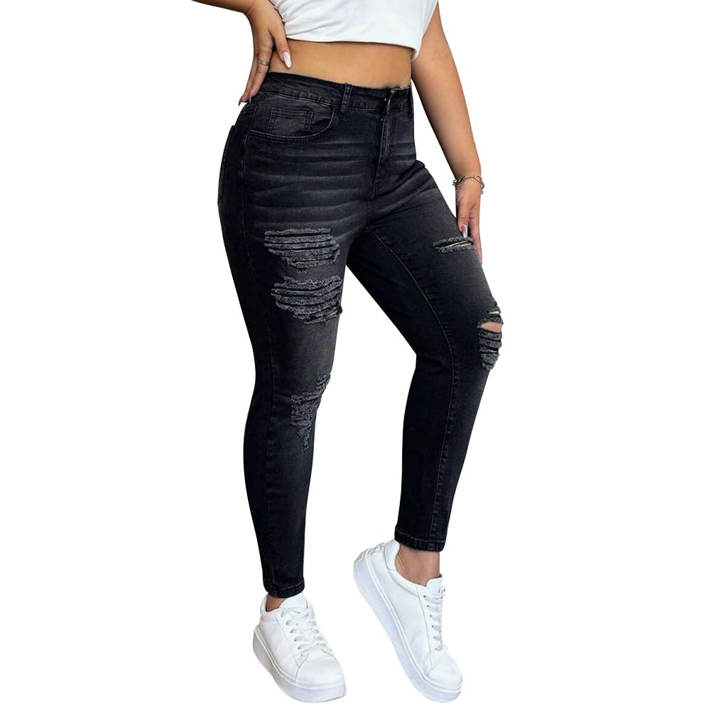 ALLABREVE Womens Plus Size Skinny Jeans Stretchy High Waisted Ankle Jean Ripped Slim Fit Washed Denim Distressed Tight Jean