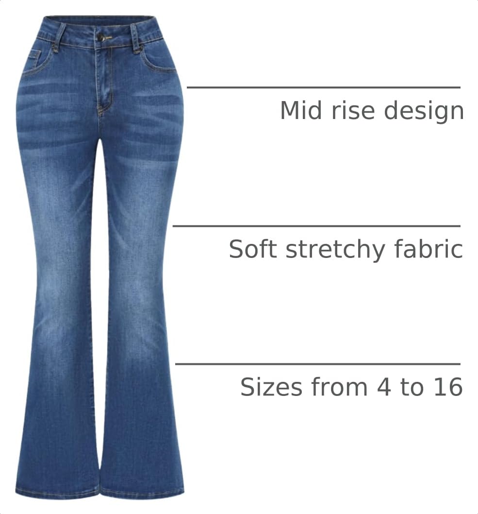 THUNDER STAR Womens Stretchy Mid Rise Flare Jeans Distressed Denim Bell Bottom Pants