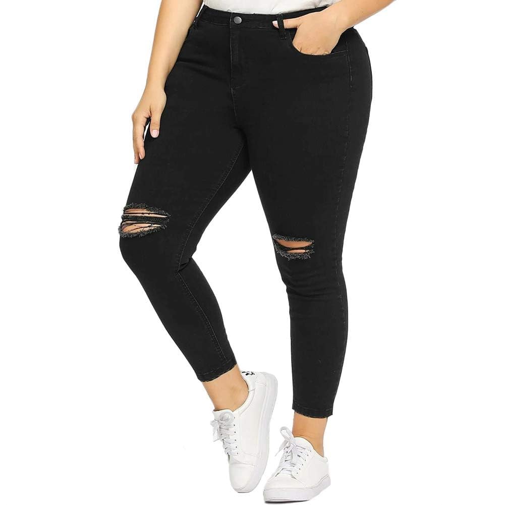 ALLABREVE Womens Plus Size Skinny Jeans Stretchy High Waisted Ankle Jean Ripped Slim Fit Washed Denim Distressed Tight Jean