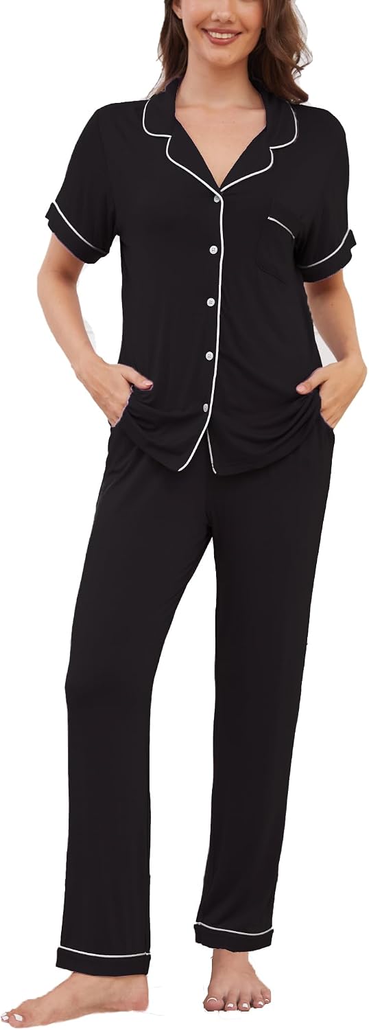 Womens Pajama Set Soft Pjs Short Sleeve Sleepwear with Long Pants 2 Piece Lounge Sets S-XXL