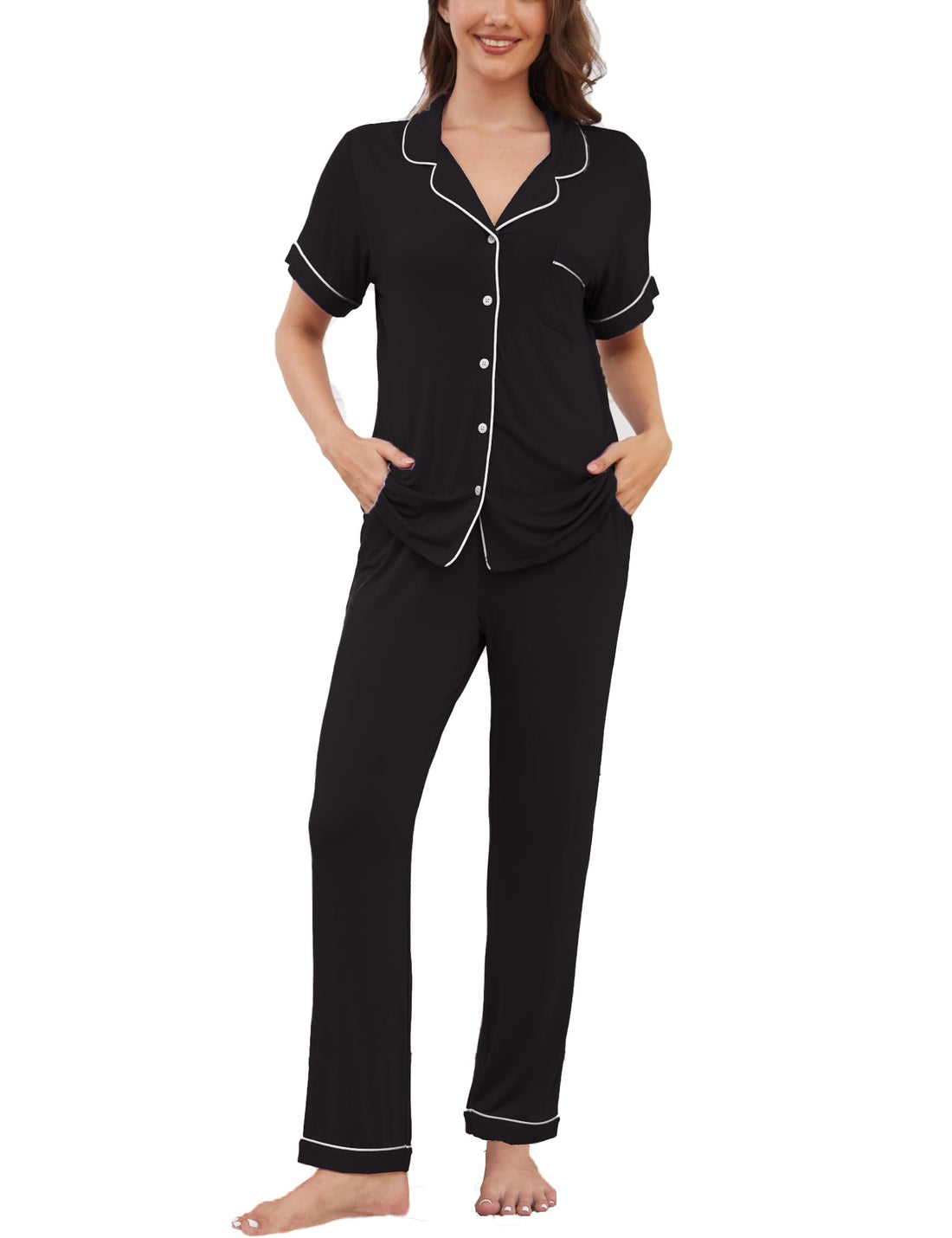 Womens Pajama Set Soft Pjs Short Sleeve Sleepwear with Long Pants 2 Piece Lounge Sets S-XXL