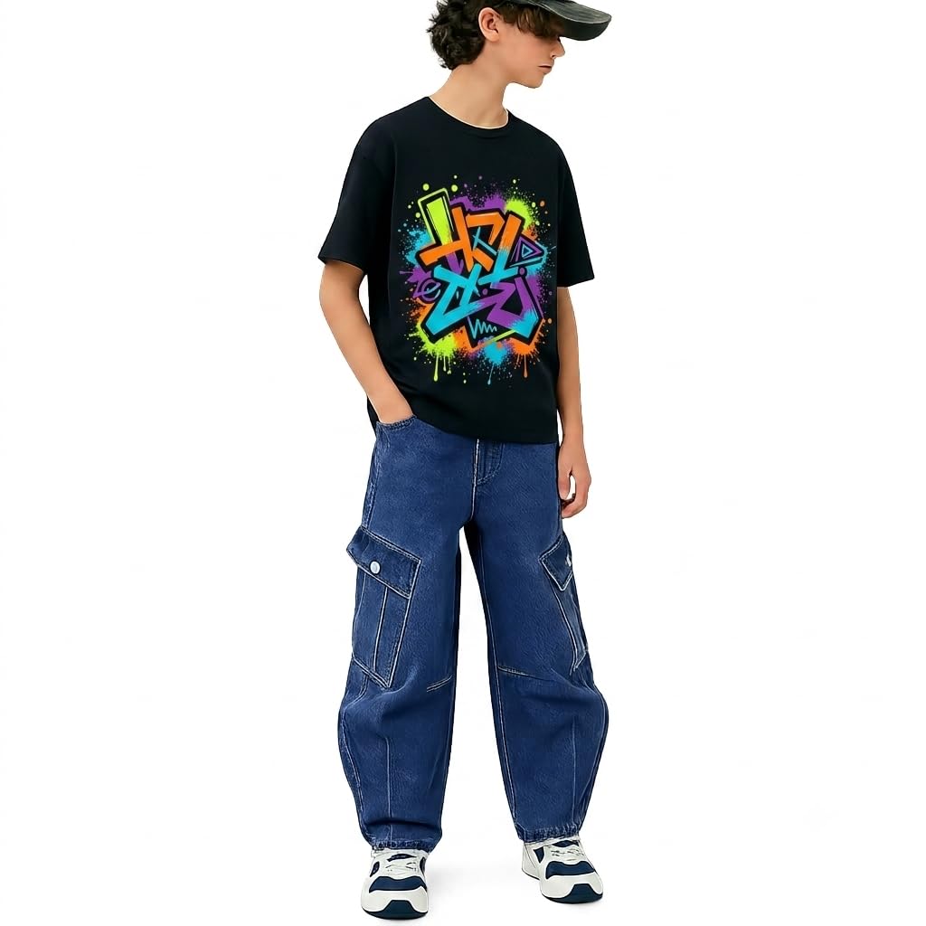 Baggy Jeans for Boys Cargo Jeans, Mid Rise Elastic Waist Multi-Pockets Denim Pants School Streetwear Size 8-12