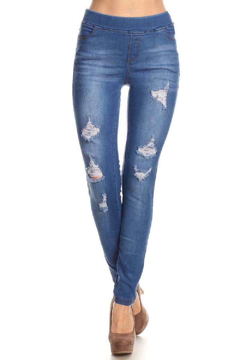 Jvini Women’s Stretch Denim Pull On Jeans with Pockets – Ripped Distressed Elastic Waist Jeggings Skinny Denim Pants