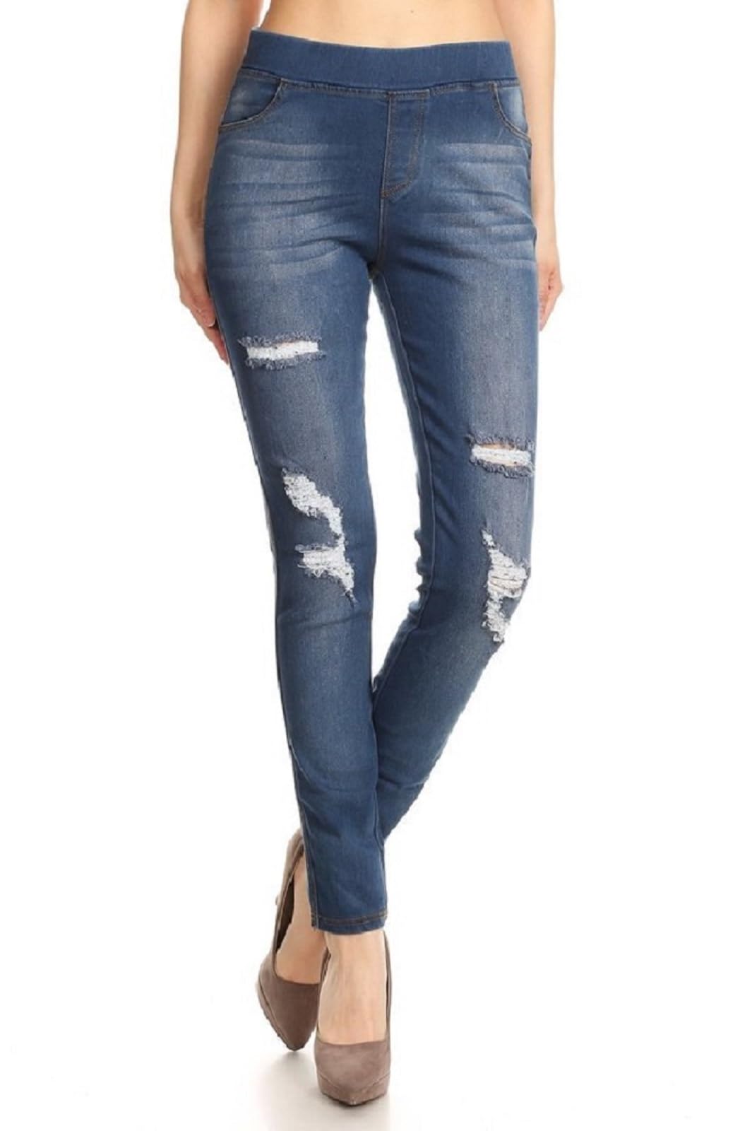 Jvini Women’s Stretch Denim Pull On Jeans with Pockets – Ripped Distressed Elastic Waist Jeggings Skinny Denim Pants