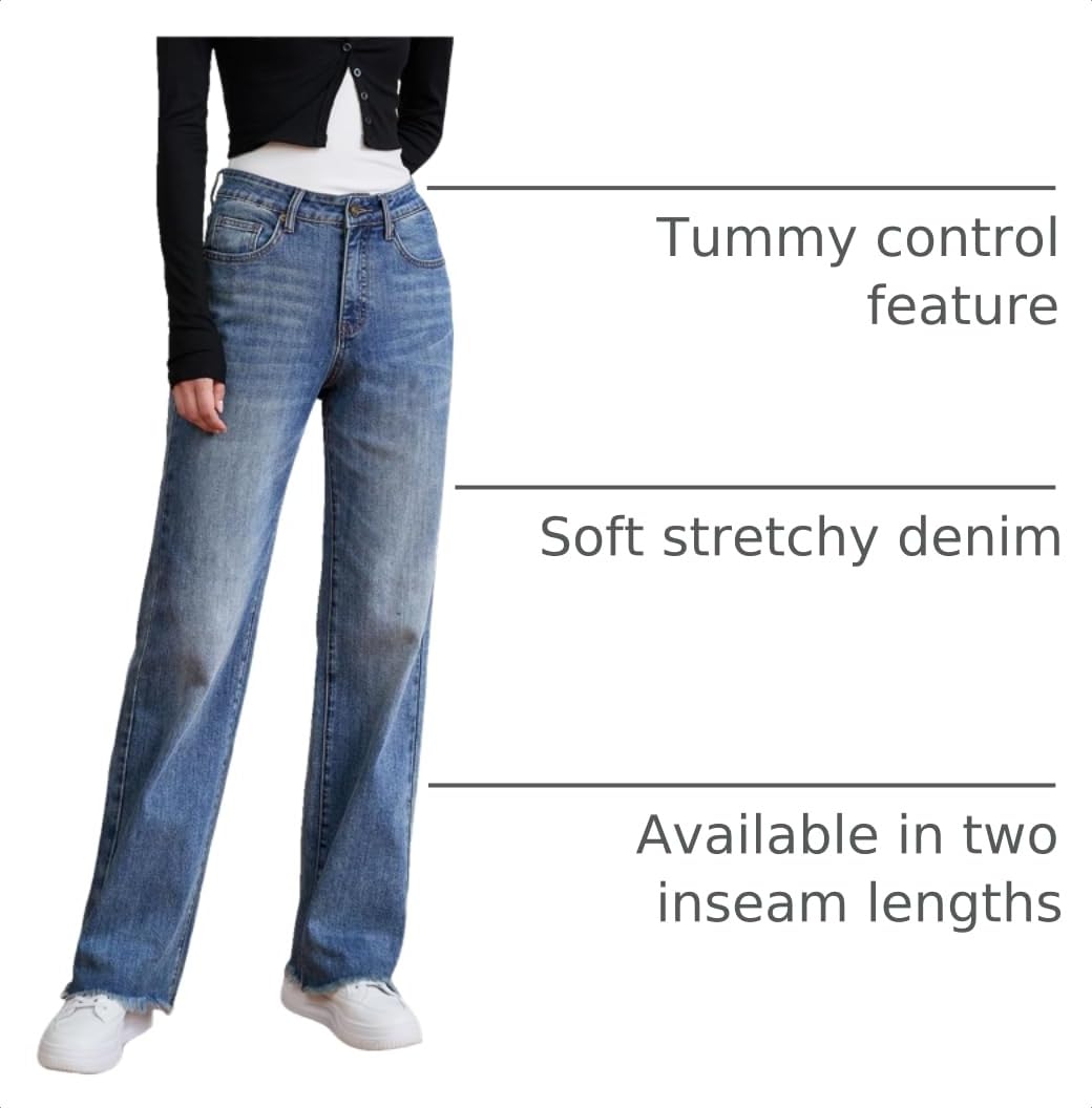Womens High Waisted Jeans Stretchy Straight Leg Loose Fit Tummy Control Raw Hem Denim Pants Trendy Fashion