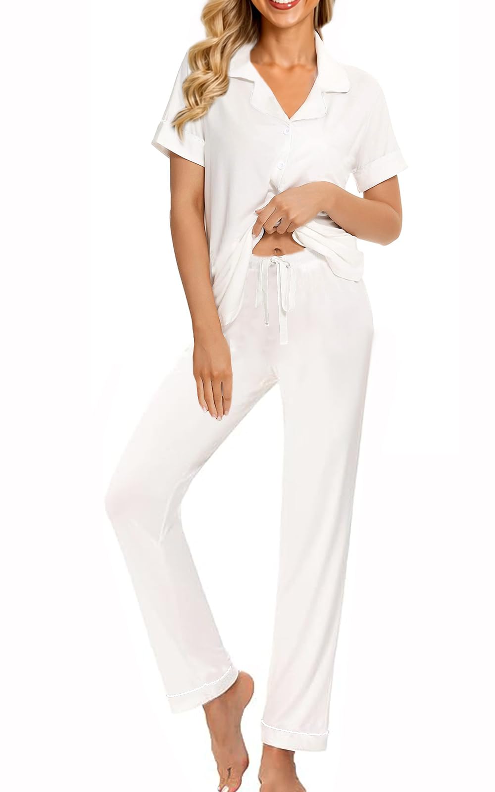 WJing Yi Jia Womens Soft Pajamas Set XS-XXL Button Down Sleepwear Short Sleeves Pajama sets with Long Pants Pj Set Nightwear