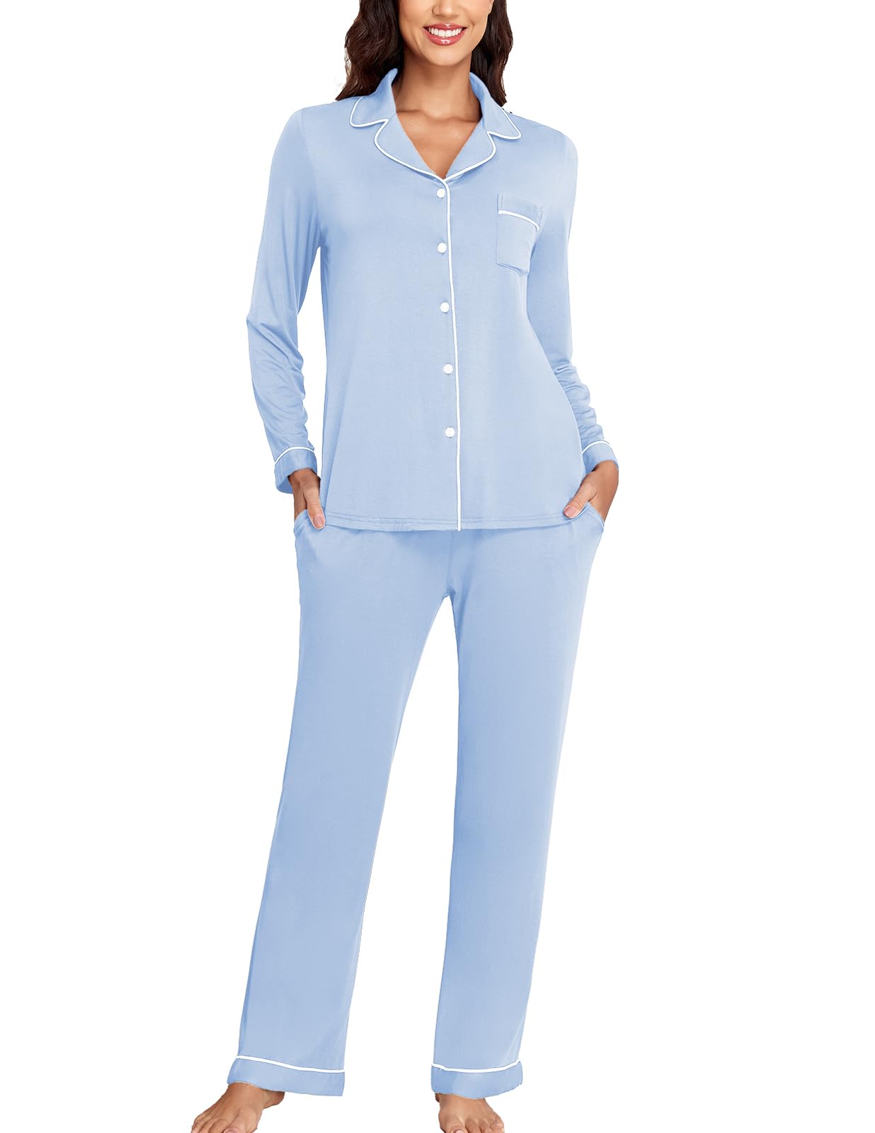 Veseacky Women's Ribbed Knit Pajamas Set 2 Piece Warm Soft Loungewear Sleepwear Pjs S-XXL