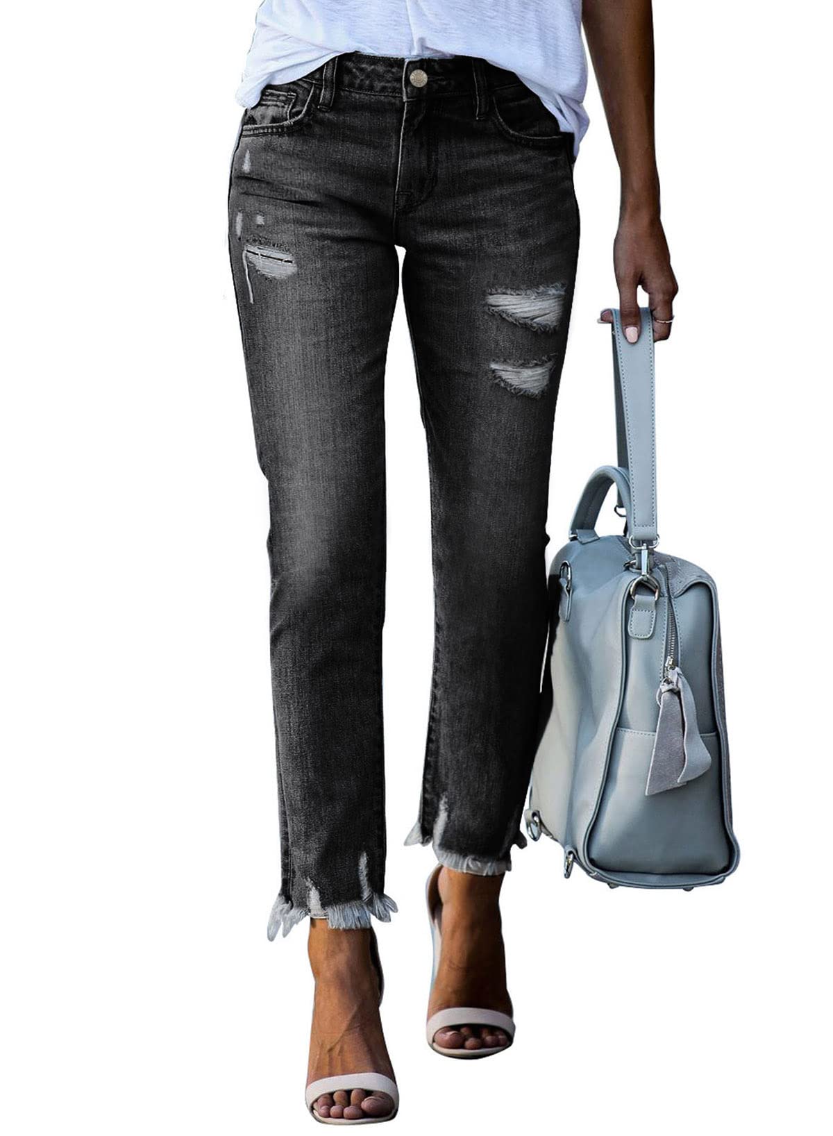 EVALESS Women's High Waisted Tummy Control Straight Ankle Ripped Jeans