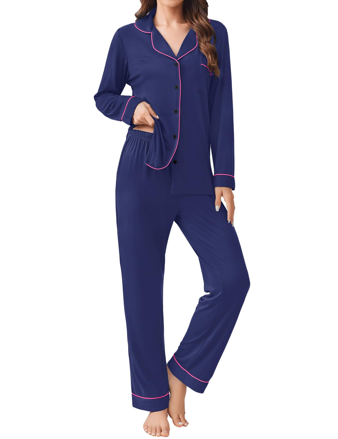 Ekouaer Womens Pajamas Set Button Down Long Sleeve Top & Pants Lounge Sets