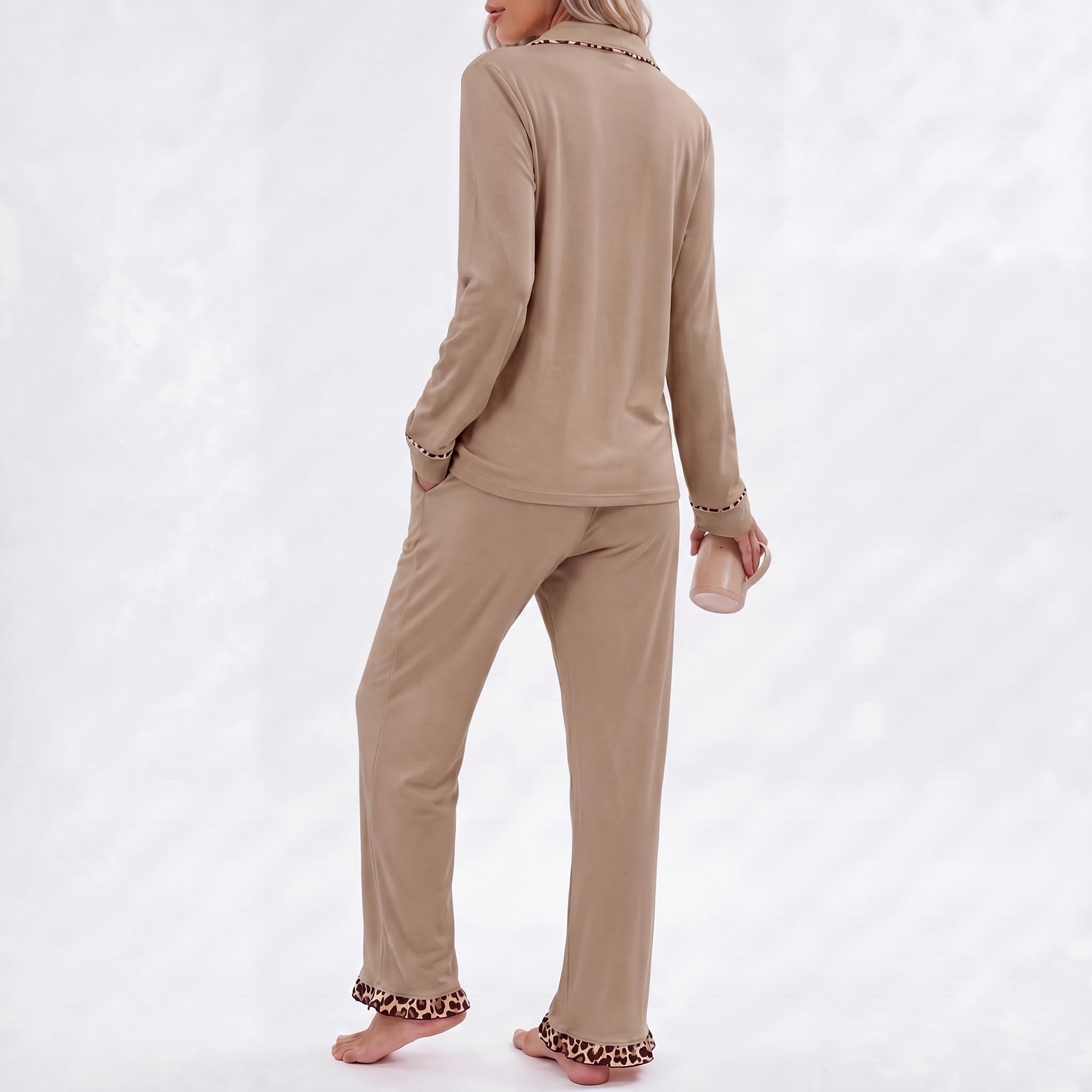 RONGTAI Women Summer Pjs Sets Long Sleeve Button Down Leopard Pajama Sets Ruffle Hem Loungeset Soft Sleepwear