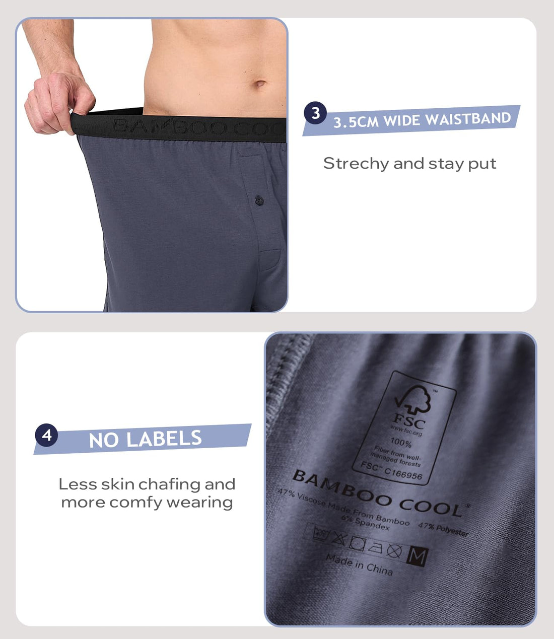 BAMBOO COOL Mens Underwear Boxers Moisture-wicking and Cool Men's Boxer Shorts Loose Fit Super Soft 4 Pack