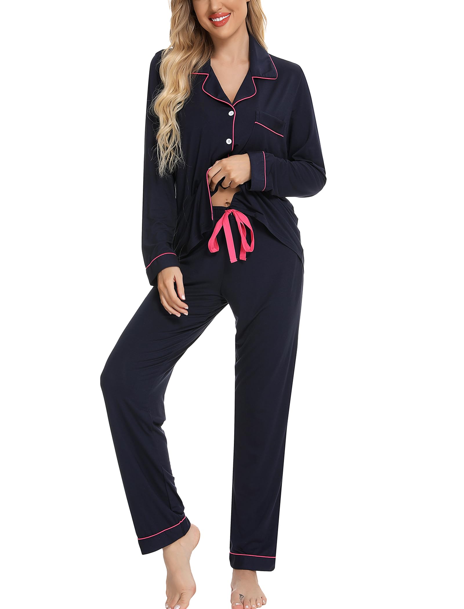 Leikar Button Up Pajamas For Women Long Sleeve Viscose Soft Pjs Lounge
