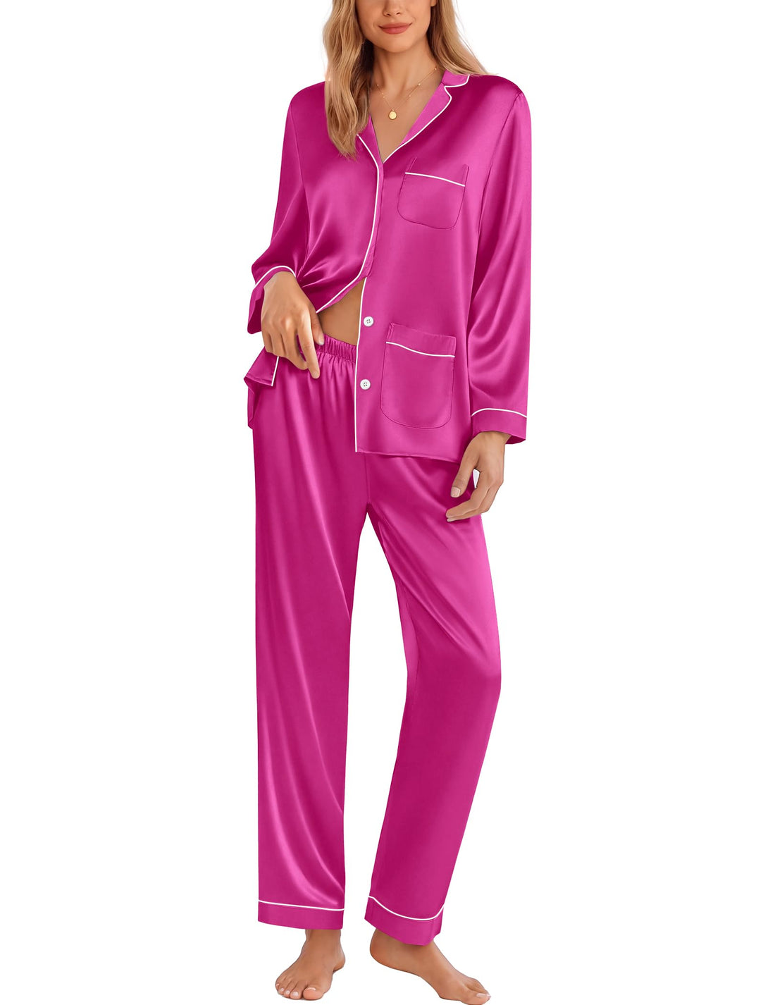 Ekouaer Pajamas for Women Silk Satin Button Down Long Sleeve Pajama Sets
