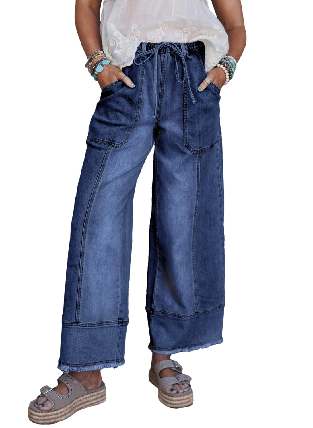 SHEWIN Women's Wide Leg Jeans High Waisted Baggy Jeans Stretchy Drawstring Denim Pants