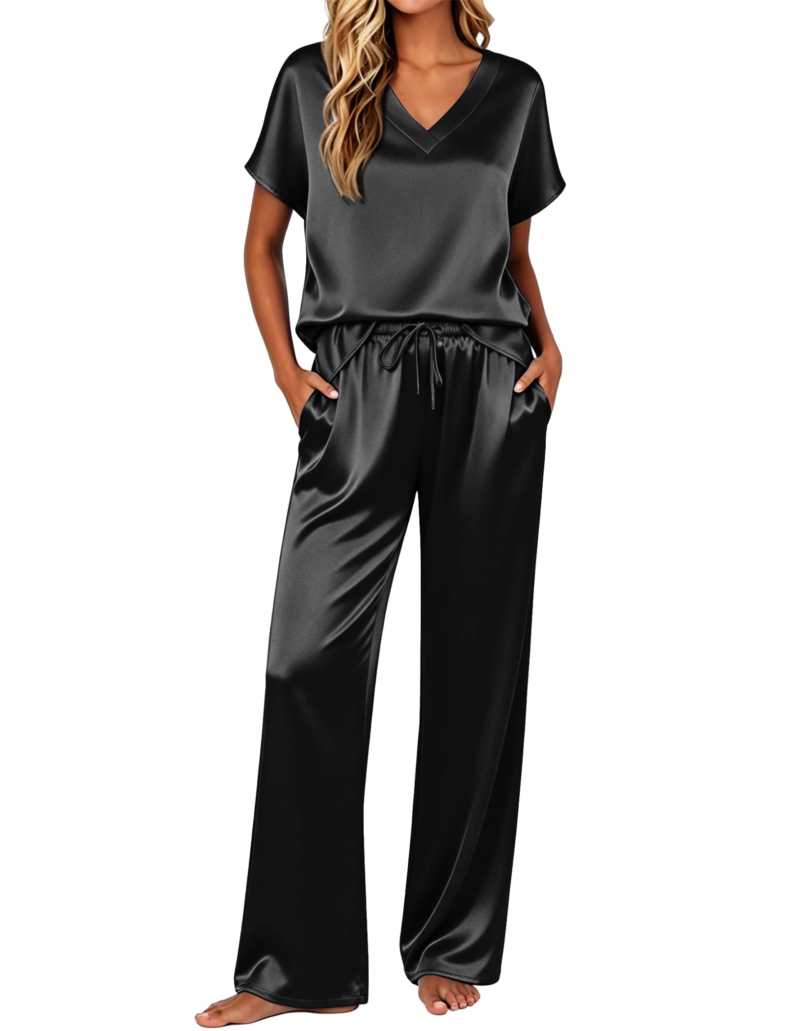 Ekouaer Womens Silk Pajamas Set 2 Piece Satin Pjs Cap Sleeve Loungewear