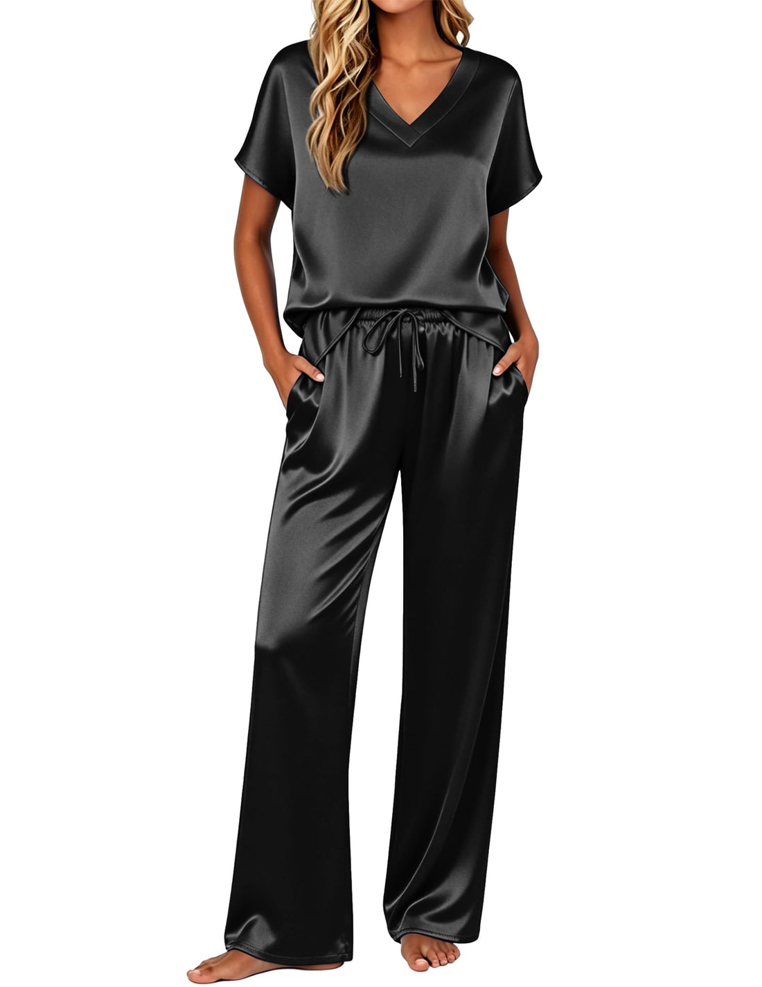 Ekouaer Womens Silk Pajamas Set 2 Piece Satin Pjs Cap Sleeve Loungewear
