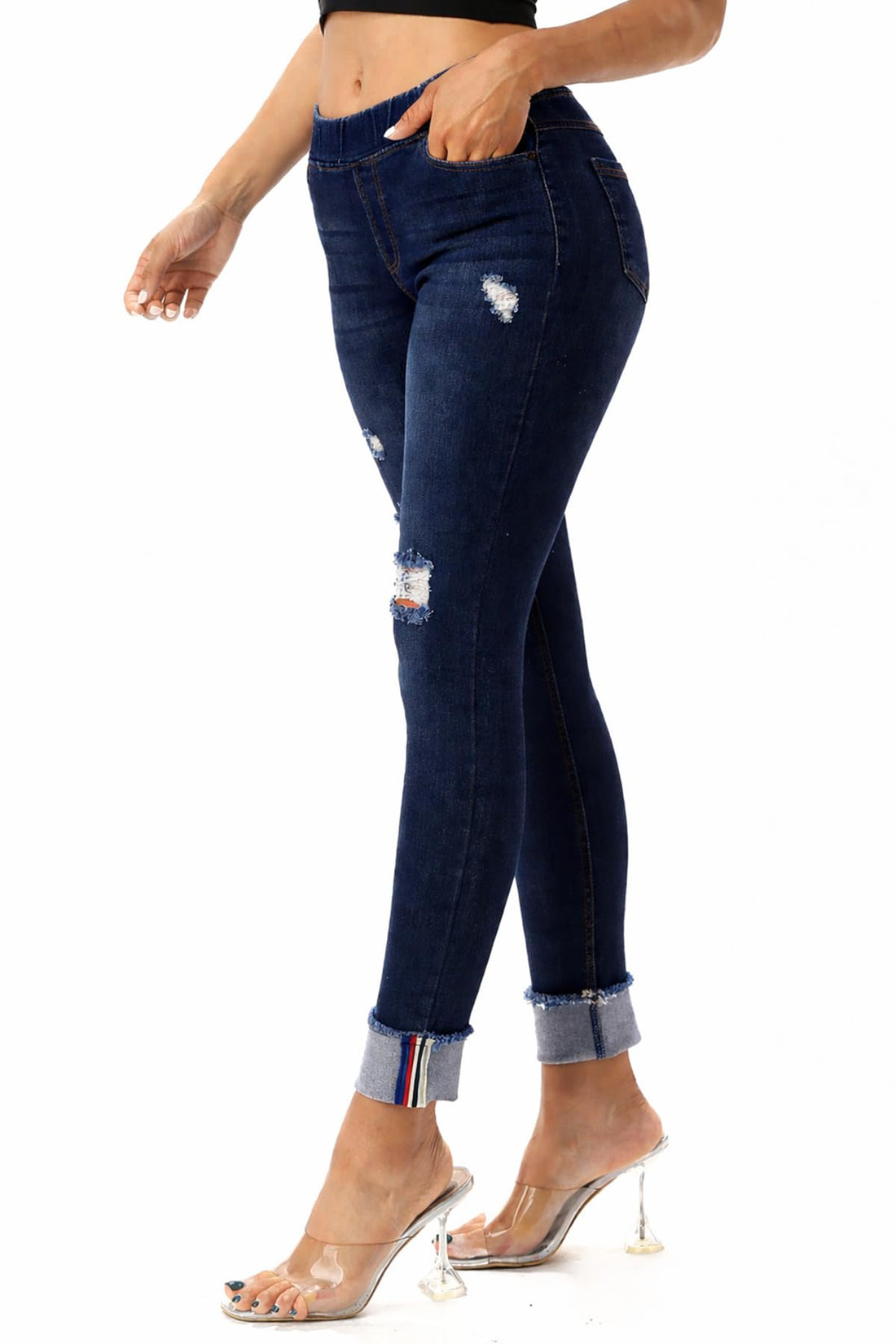 Jvini Women’s Stretch Denim Pull On Jeans with Pockets – Ripped Distressed Elastic Waist Jeggings Skinny Denim Pants