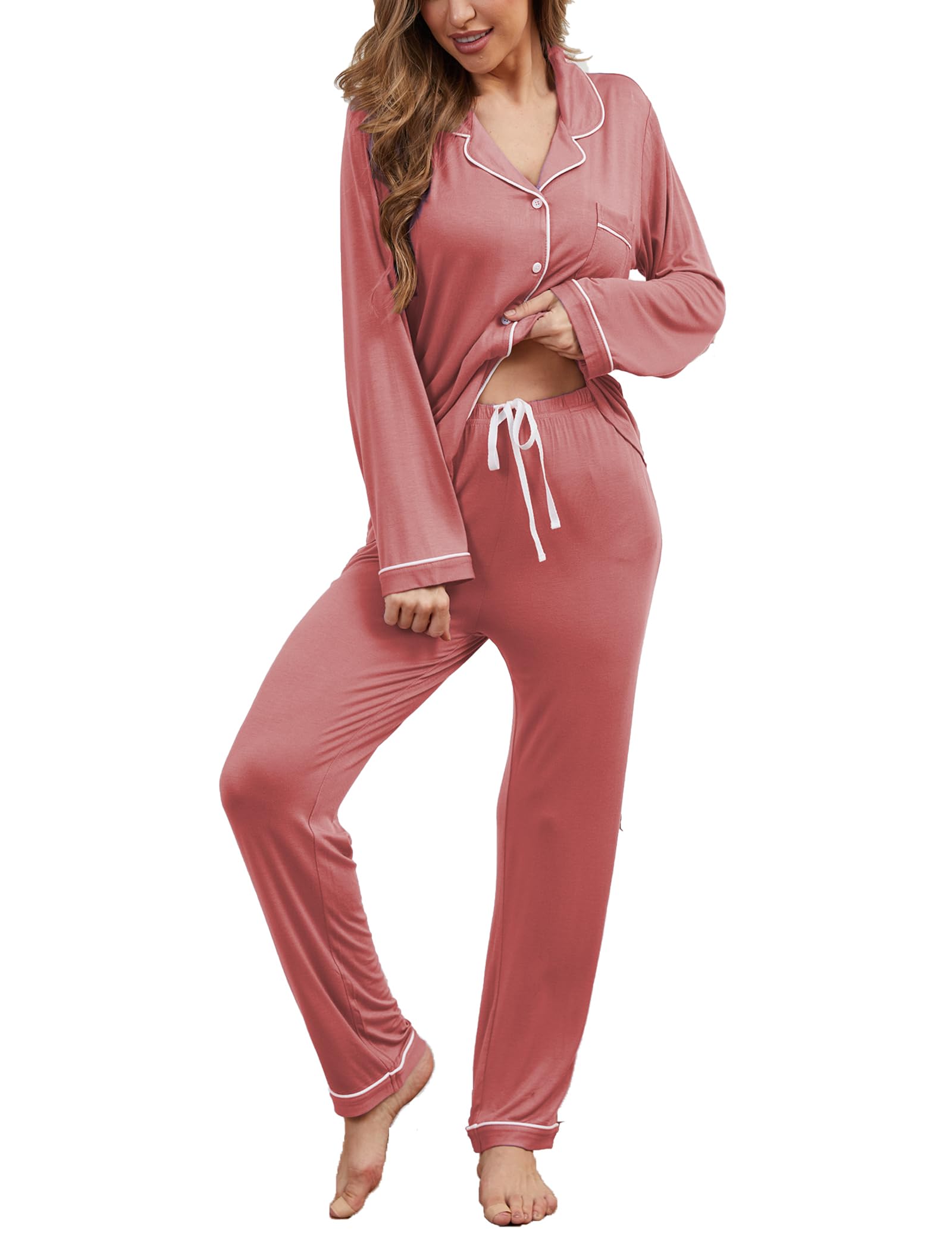 Pajama Sets Women Soft Long Sleeve Button Down Sleepwear Classic Ladies Pjs Lightweight Lounge Sets S-XXL