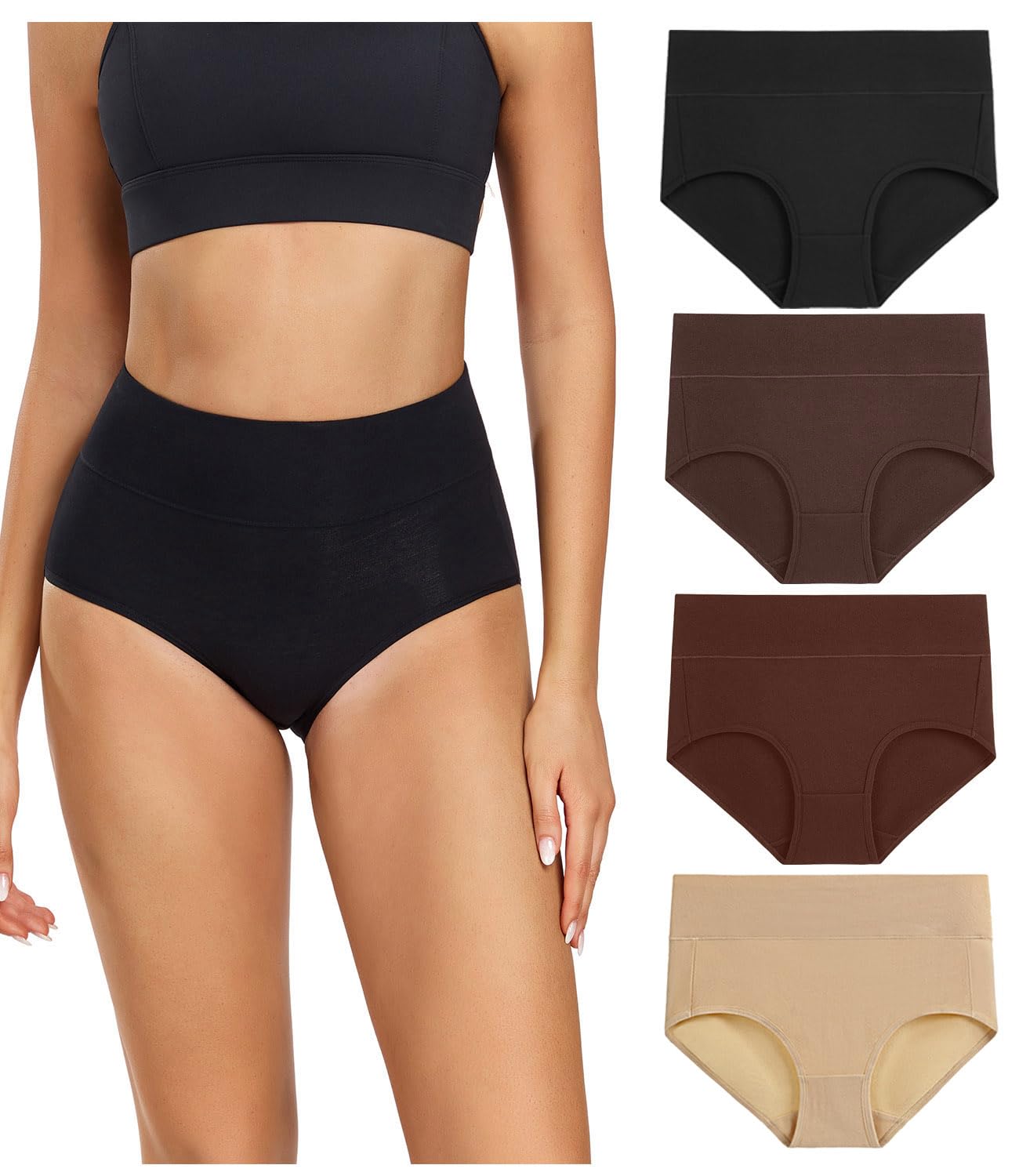 wirarpa Women's Cotton Underwear High Waisted Ladies Panties Full Coverage Briefs 4 Pack (Regular & Plus Size)