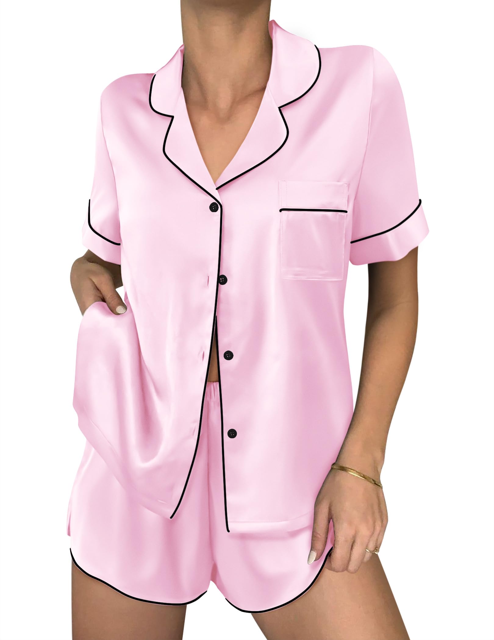 Ekouaer Women Satin Pajama Sets Cute Print Silk Pjs Shorts Sets S-4XL