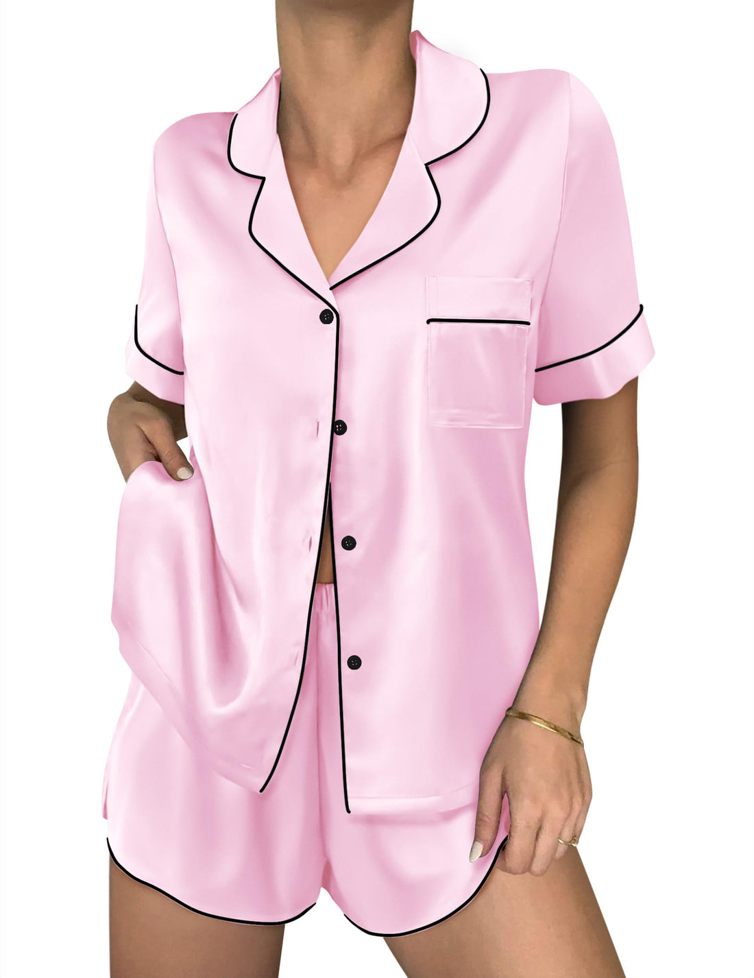 Ekouaer Women Satin Pajama Sets Cute Print Silk Pjs Shorts Sets S-4XL