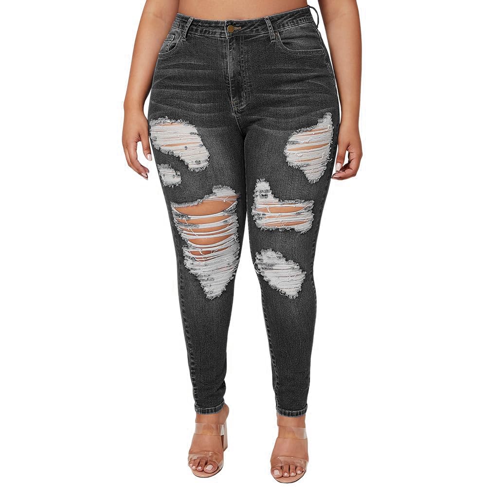 ALLABREVE Womens Plus Size Skinny Jeans Stretchy High Waisted Ankle Jean Ripped Slim Fit Washed Denim Distressed Tight Jean