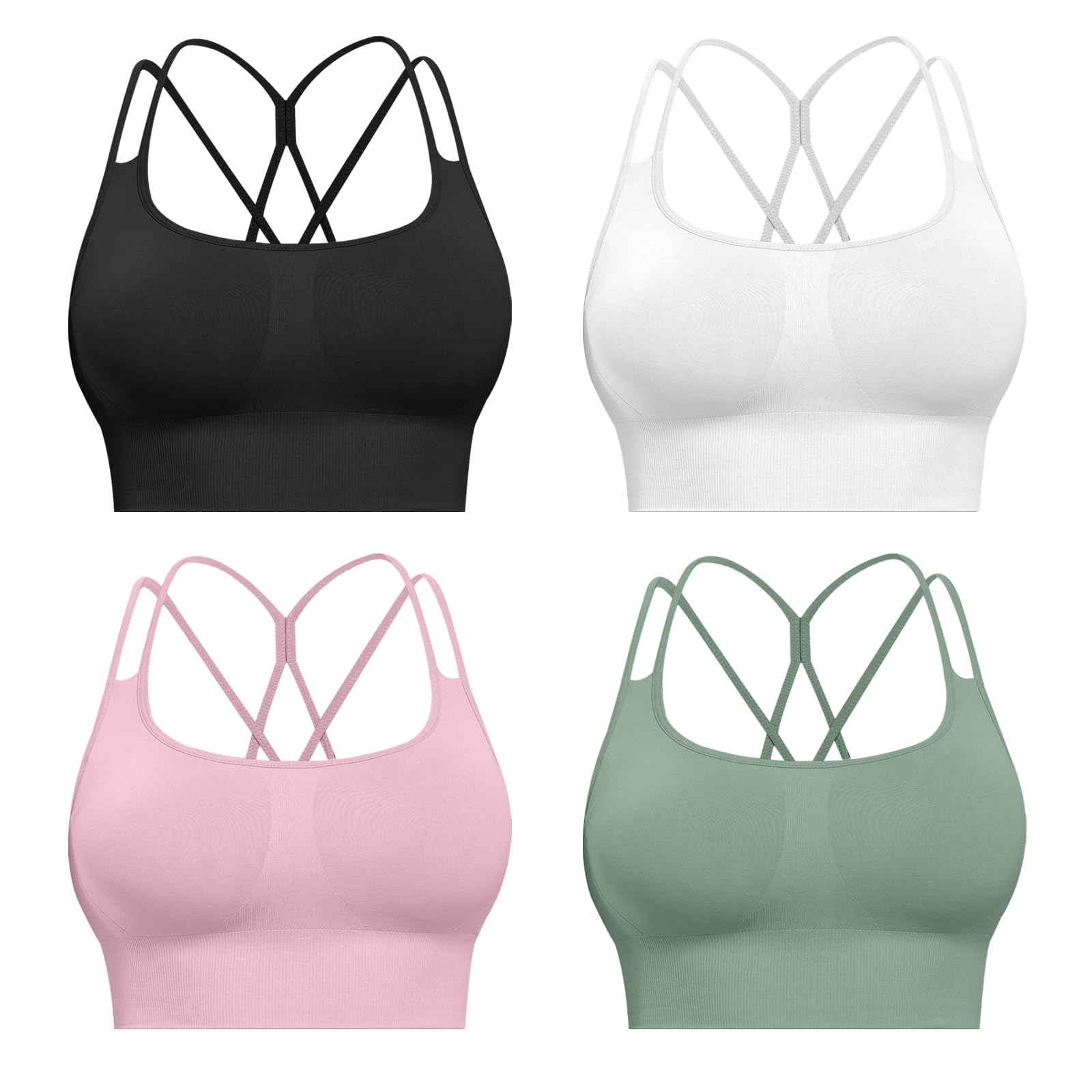 CHRLEISURE Sports Bras for Women, 4 Packs Padded High Support Workout Yoga Seamless Criss-Cross Racerback Bras