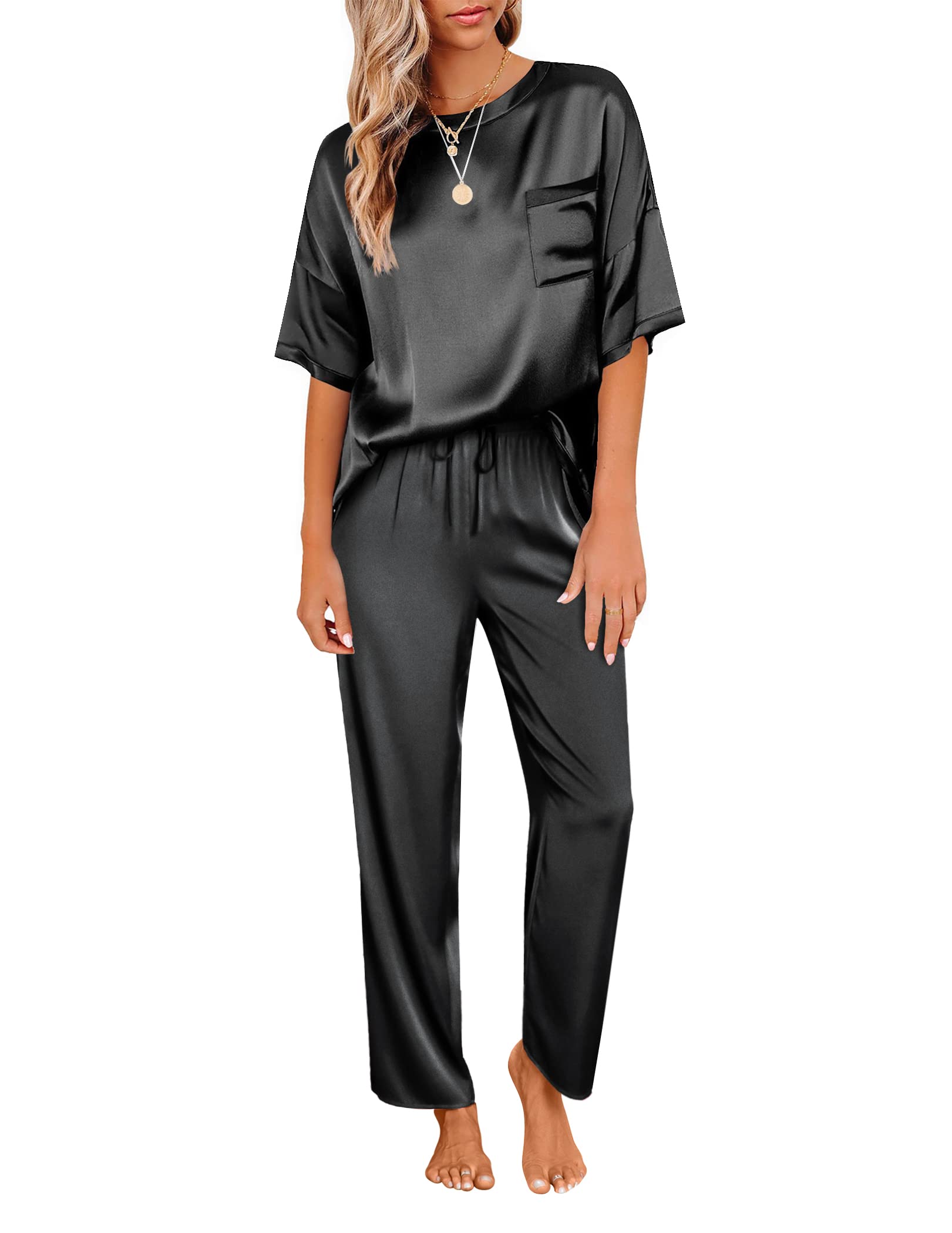 Ekouaer Pajamas for Women Set Silky Satin 2 Piece Lounge Sets with Pockets