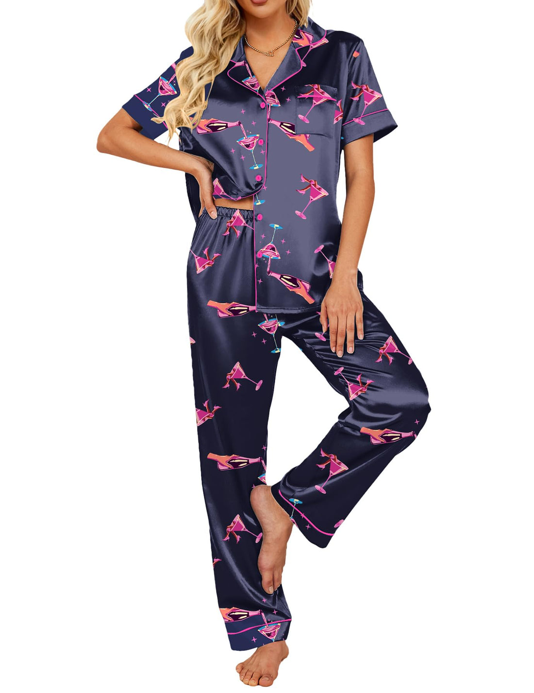 Ekouaer 2 Piece Satin Short Sleeve Pajamas Set Button Down Sleepwear