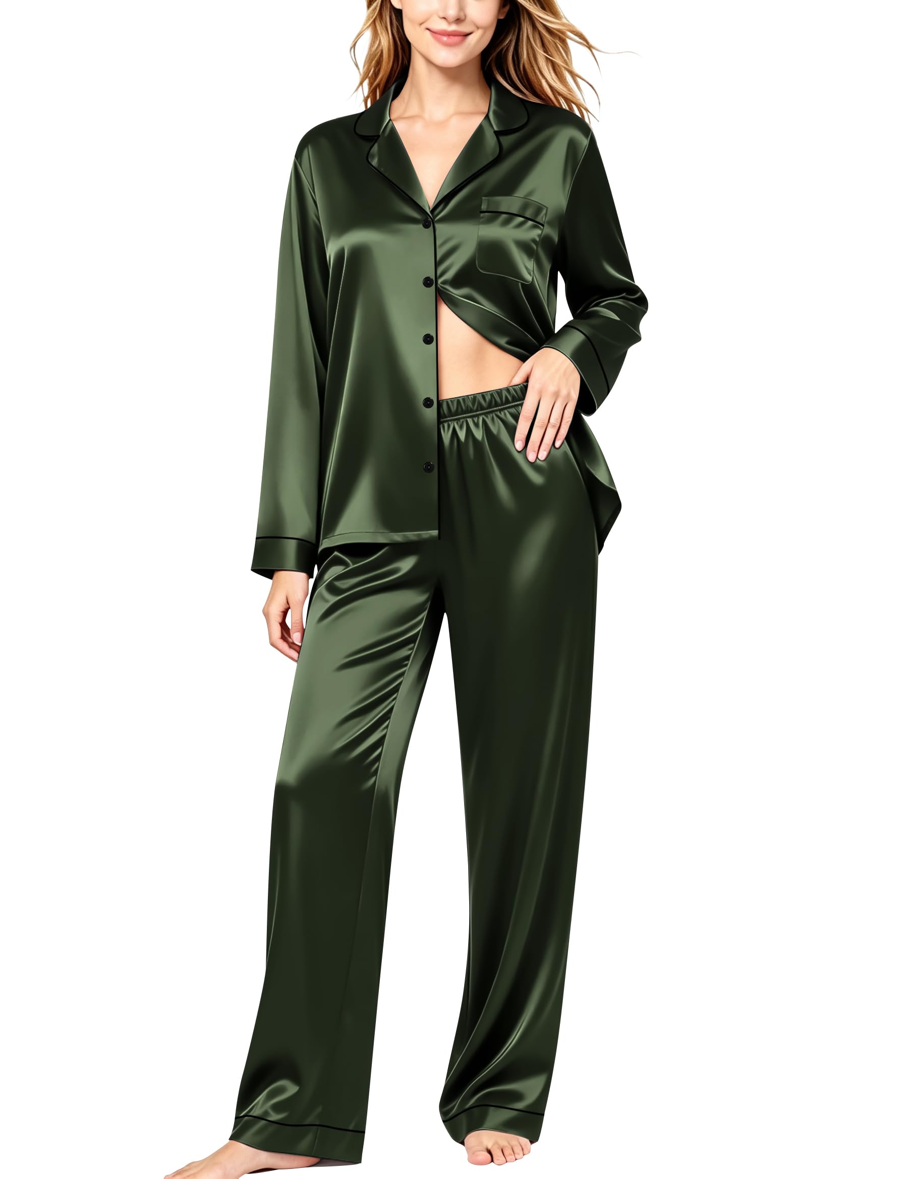 SWOMOG Womens Silk Satin Pajamas Set Long Sleeve Button Down Sleepwear 2 Piece Lounge Set Pj Set XS-3XL