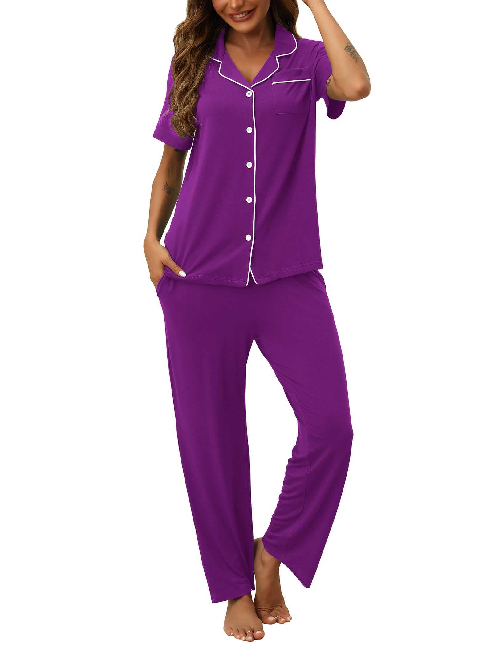 HNG Women Pajamas Set 2 Piece Button Up Pajamas Pant and Short Sleeve Shirt for Woman Pj Sets with Pocket