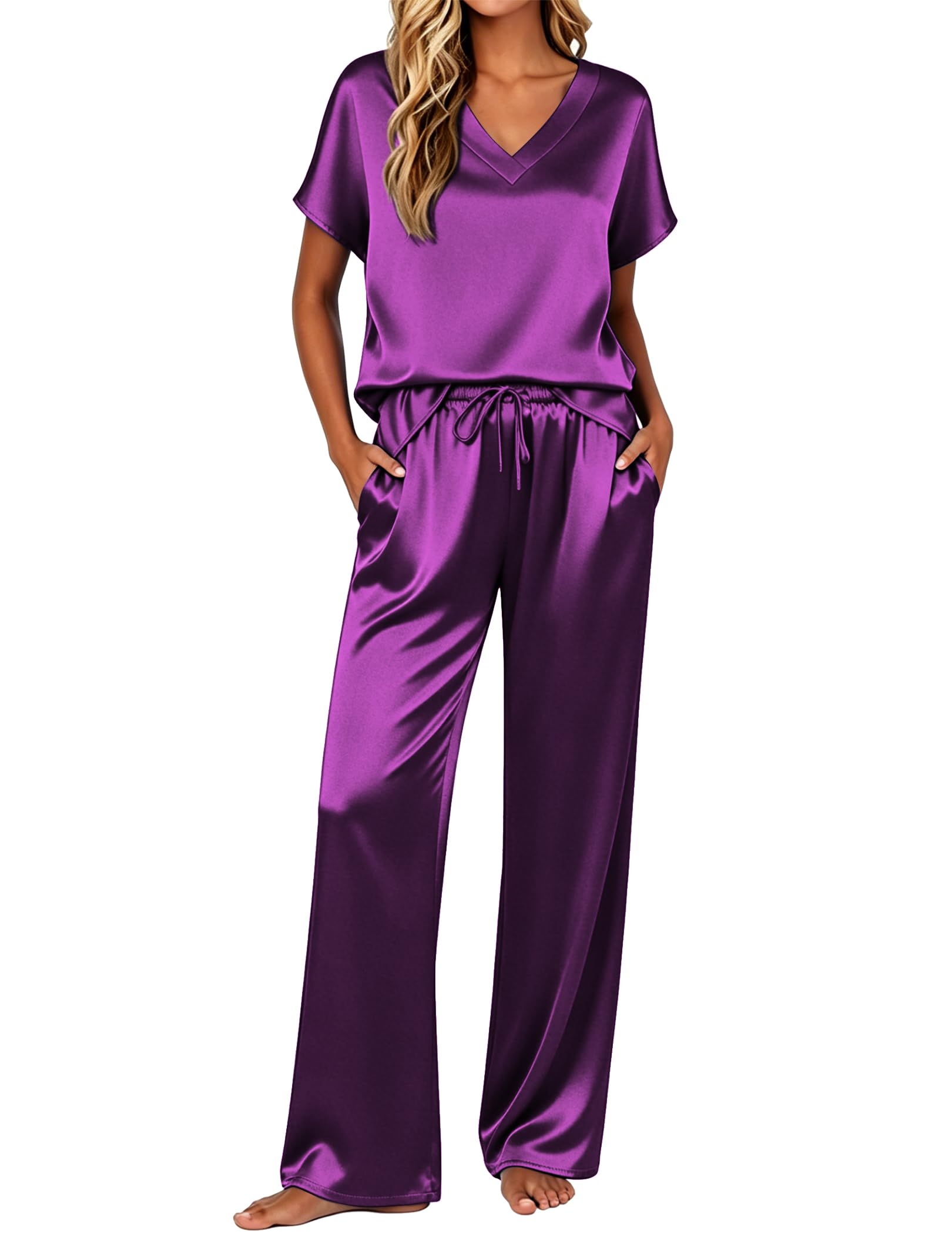 Ekouaer Womens Silk Pajamas Set 2 Piece Satin Pjs Cap Sleeve Loungewear