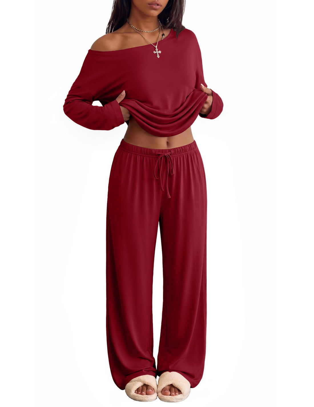 Ekouaer Womens Pajama Sets Off Shoulder Lounge Set 2 Piece Long Sleeve PJs