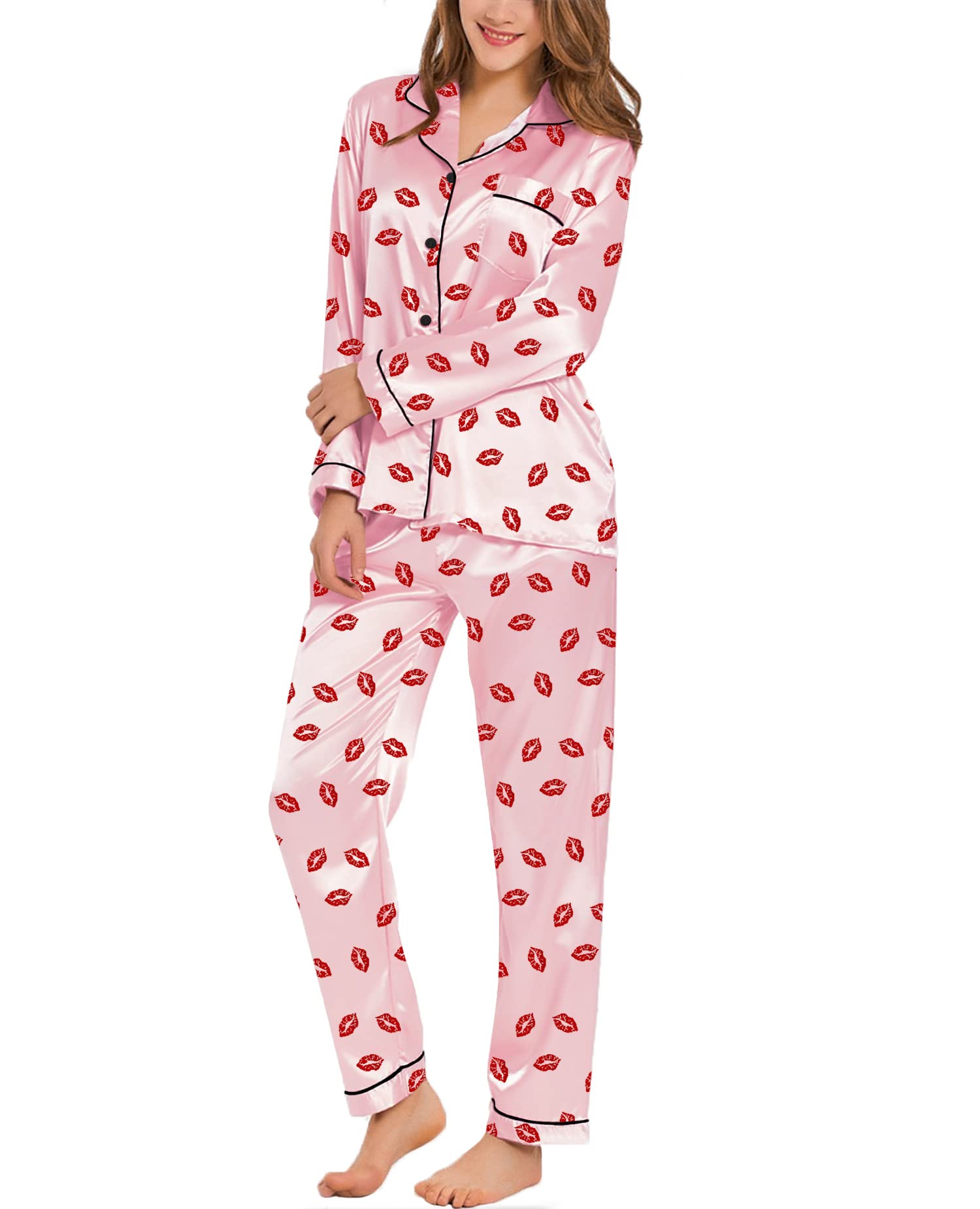 SWOMOG Womens Silk Satin Pajamas Set Long Sleeve Button Down Sleepwear 2 Piece Lounge Set Pj Set XS-3XL