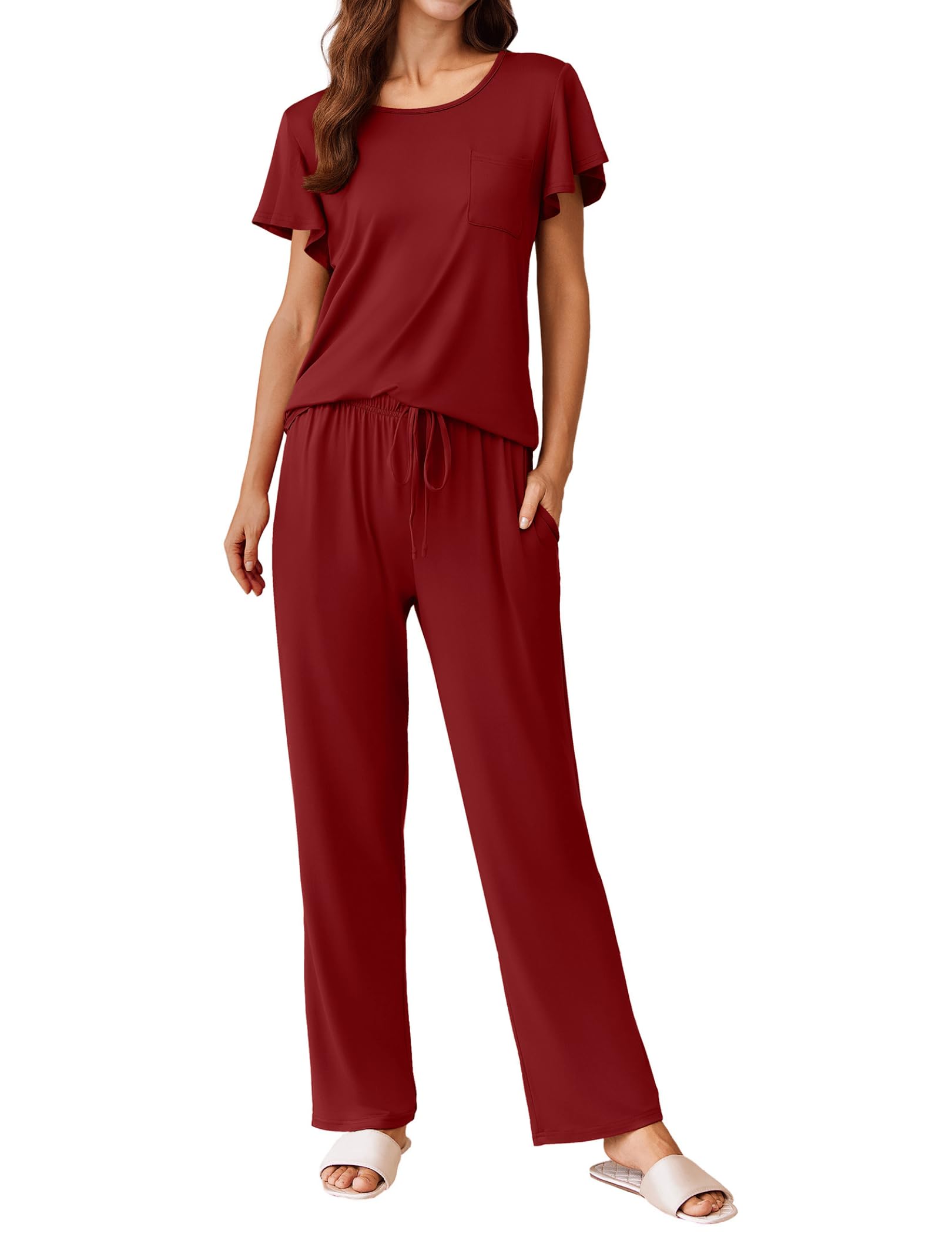 Ekouaer Pajamas for Women Set 2 Piece Comfy Loungewear, Lightweight Pjs Sleepwear, Short Sleeve Top & Long Pants with Pockets
