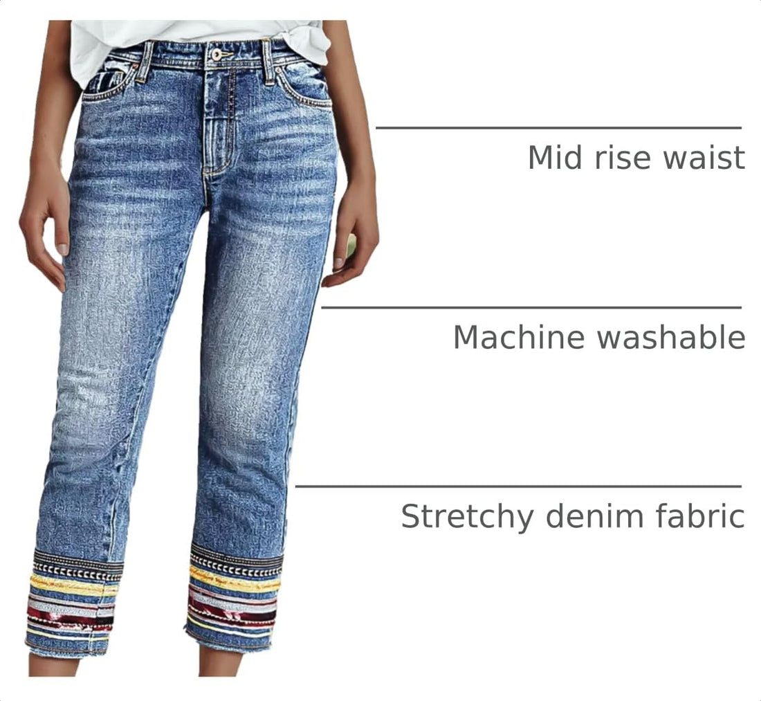 Flamingals Straight Leg Cropped Jeans for Women Trendy Mid Rise Stretchy Tribal Embroidery Raw Hem Ankle Jeans
