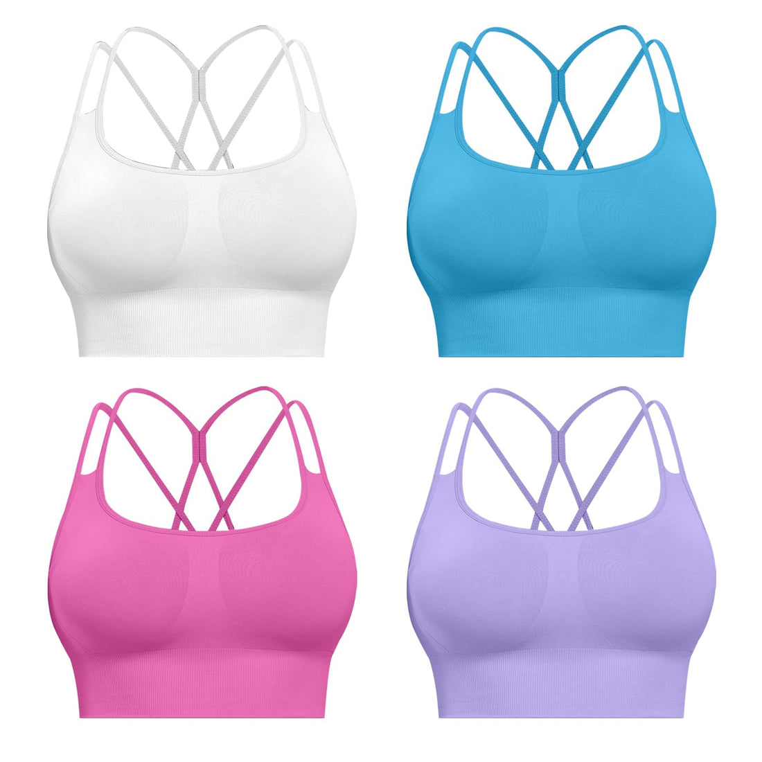 CHRLEISURE Sports Bras for Women, 4 Packs Padded High Support Workout Yoga Seamless Criss-Cross Racerback Bras
