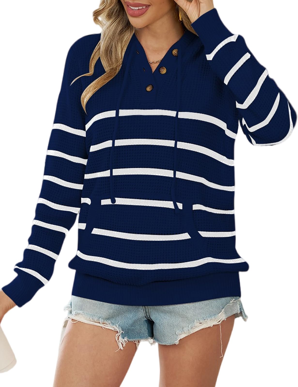 CiCiBird Women's Fall Hoodies Sweater V Neck Waffle Knit Top with Pocket | Loose Fit, V Neck Button, Adjustable Drawstring, Long Sleeve, Kangaroo Pocket, Weekend Errands, Daily Wear, Work Casual