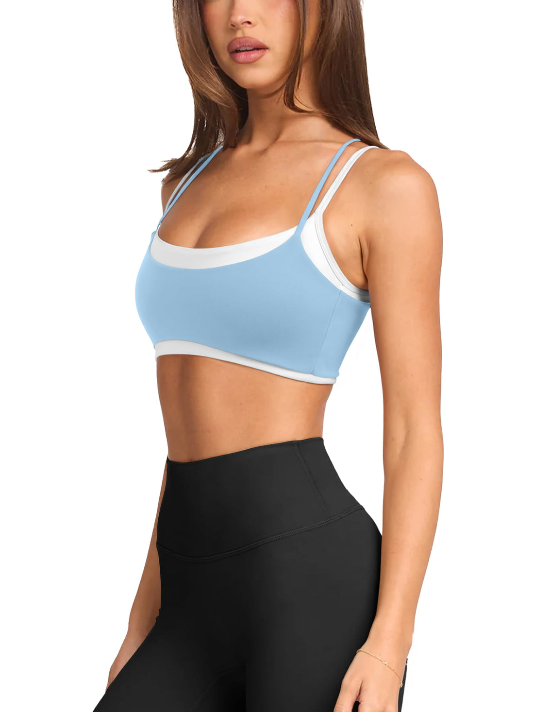 LASLULU Womens Double Layered Sports Bra Adjustable Spaghetti Straps Sexy Scoop Neck Wireless Padded Workout Yoga Crop Tops