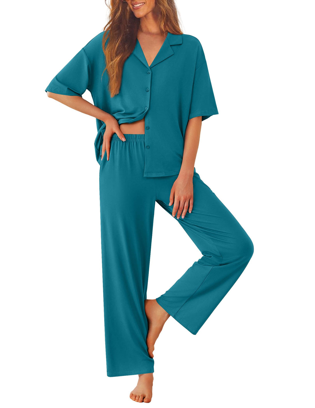 Ekouaer Women Pajamas Set Button Down Sleepwear Short Sleeve Pjs Long Pants