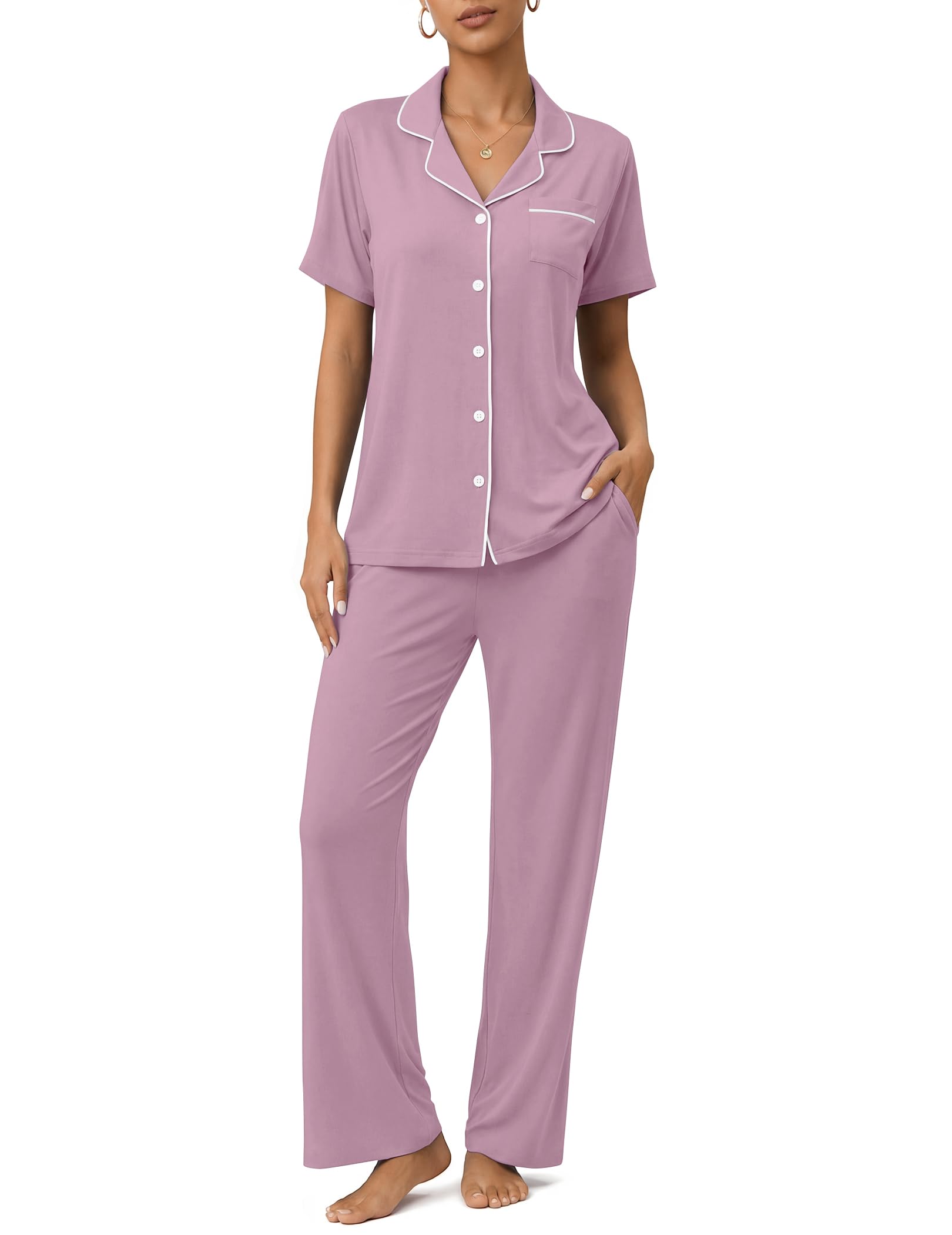 Womens Pajamas Sets 2 Piece Button Up Pj Sets Short Sleeve with Long Pant