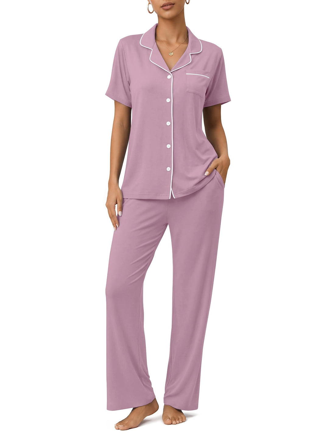Womens Pajamas Sets 2 Piece Button Up Pj Sets Short Sleeve with Long Pant