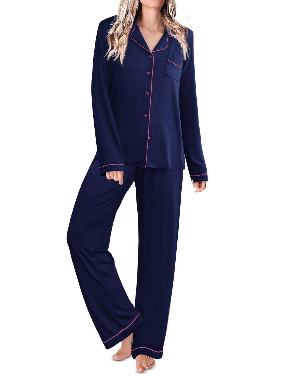 Ekouaer Womens Pajamas Set Classic Sleepwear Long Sleeve Button Up Pjs Sets