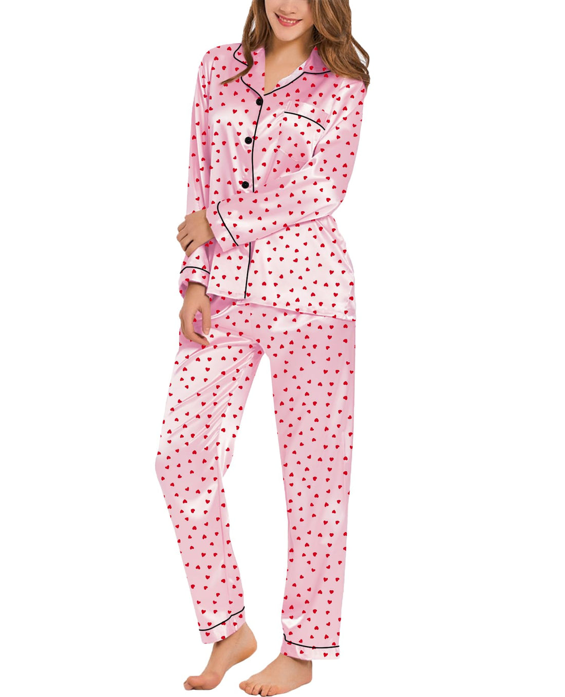 SWOMOG Womens Silk Satin Pajamas Set Long Sleeve Button Down Sleepwear 2 Piece Lounge Set Pj Set XS-3XL