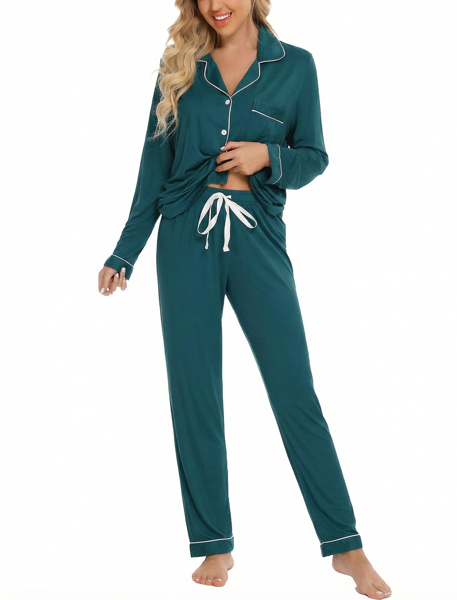 Leikar Button Up Pajamas For Women Long Sleeve Viscose Soft Pjs Lounge
