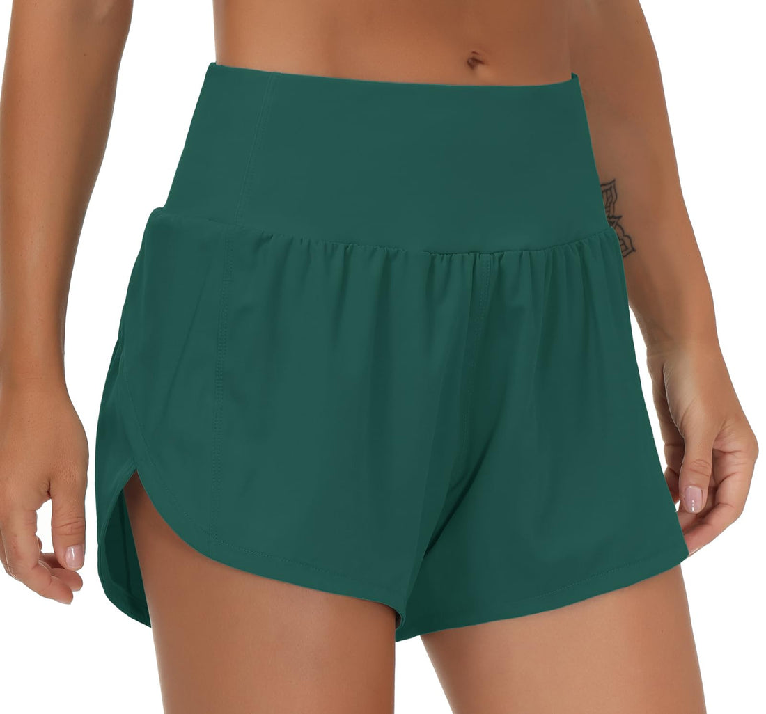 THE GYM PEOPLE Women's High Waisted Running Shorts Quick Dry Workout Shorts | High Waist, Slim Fitted, Built-in Mesh Lined, Back Zipper Pockets, Lightweight, Breathable, Side Slit
