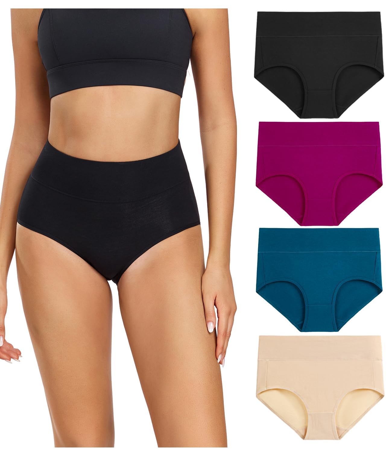 wirarpa Women's Cotton Underwear High Waisted Ladies Panties Full Coverage Briefs 4 Pack (Regular & Plus Size)